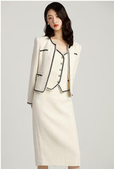 Beige Three Pcs Tweed Skirt and Blazer Set - FashionByTeresa